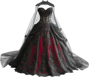 Mauuwy Gothic Weeding Dresses for Brides Black Lace Applique Bridal Dresses Embroidery Tiered Tulle Wedding Gown with Cape