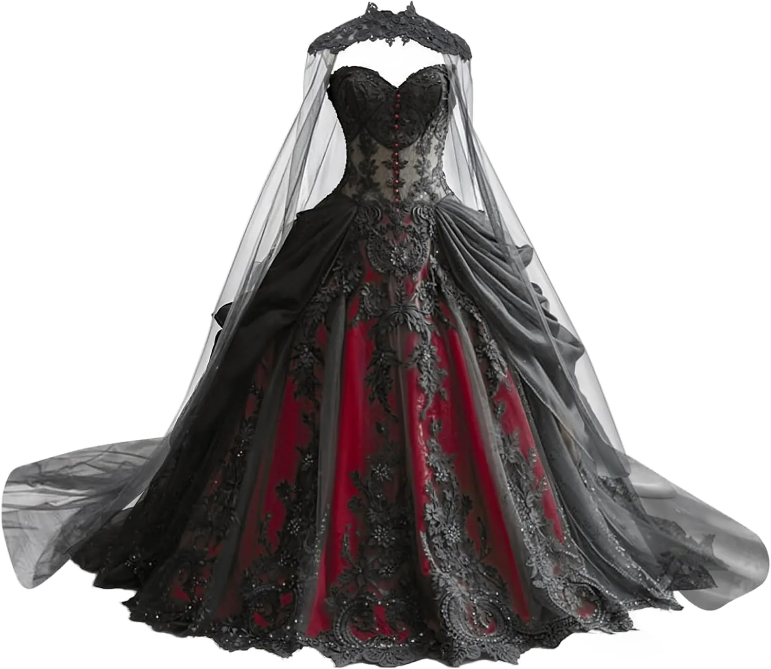 Mauuwy Gothic Weeding Dresses for Brides Black Lace Applique Bridal Dresses Embroidery Tiered Tulle Wedding Gown with Cape