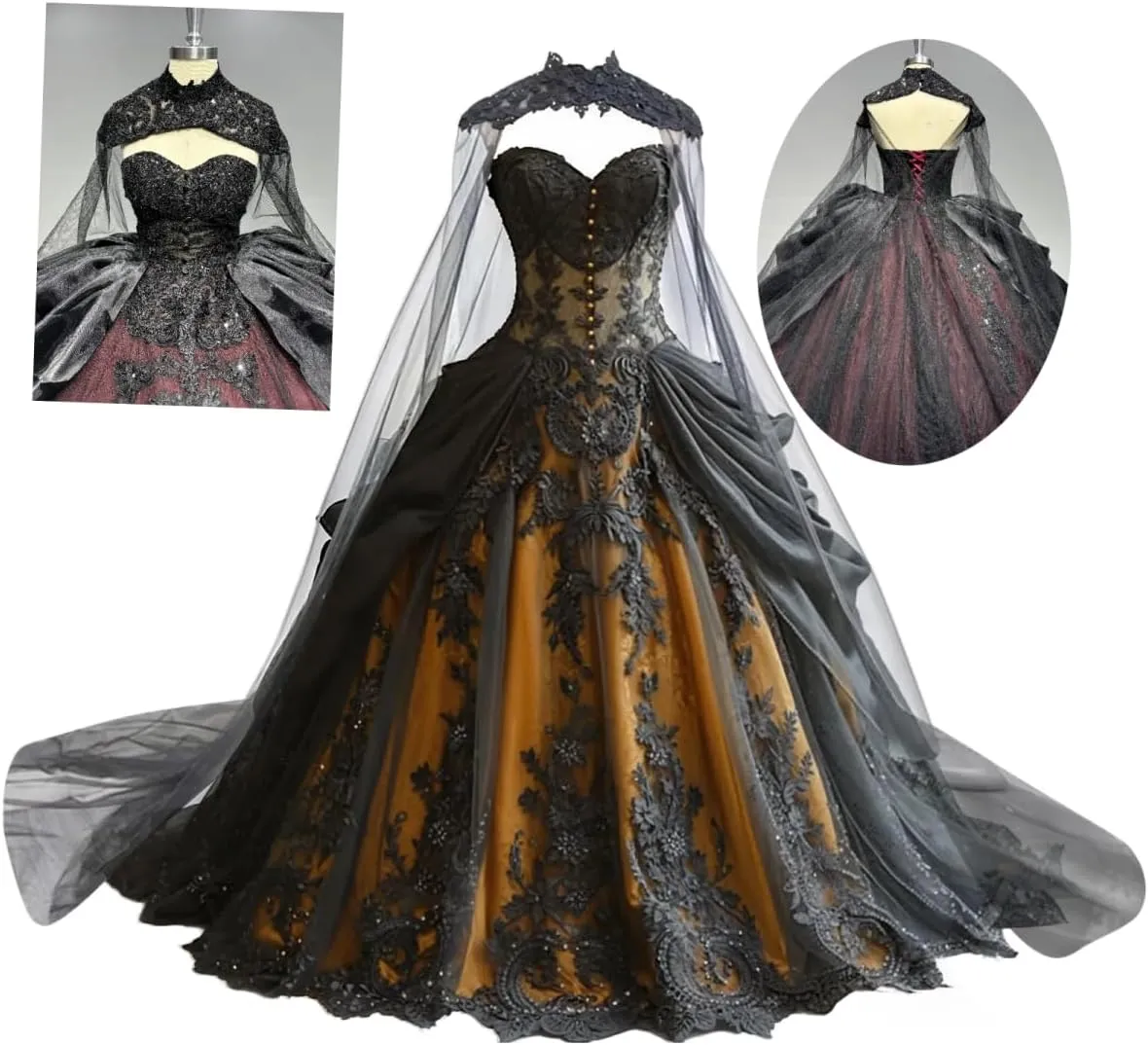 Mauuwy Gothic Weeding Dresses for Brides Black Lace Applique Bridal Dresses Embroidery Tiered Tulle Wedding Gown with Cape
