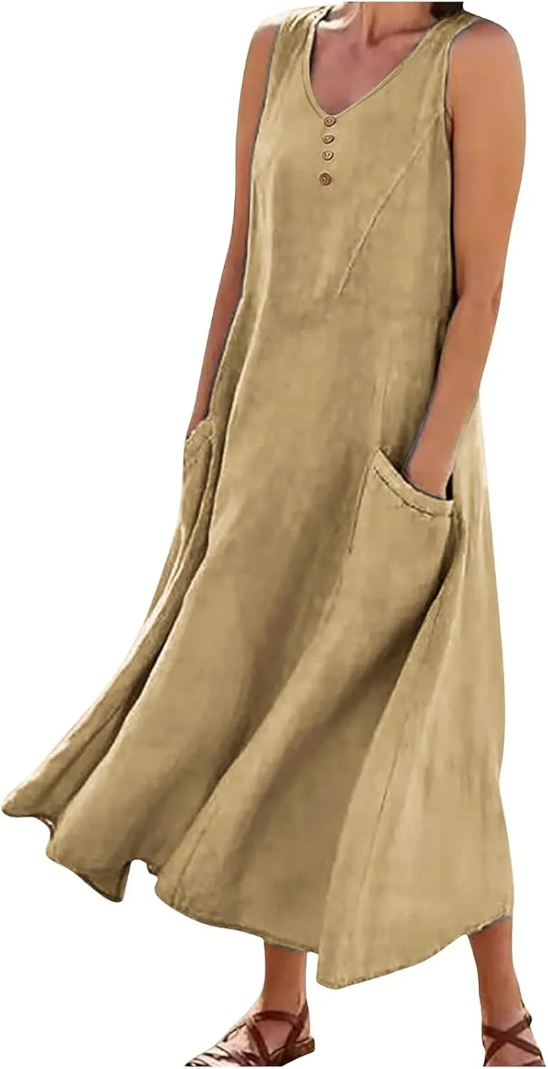 Maxi Dresses for Women 2025 Casual Loose Linen Dress Long Flowy V Neck Sleeveless Summer Dress Beach Sundresses