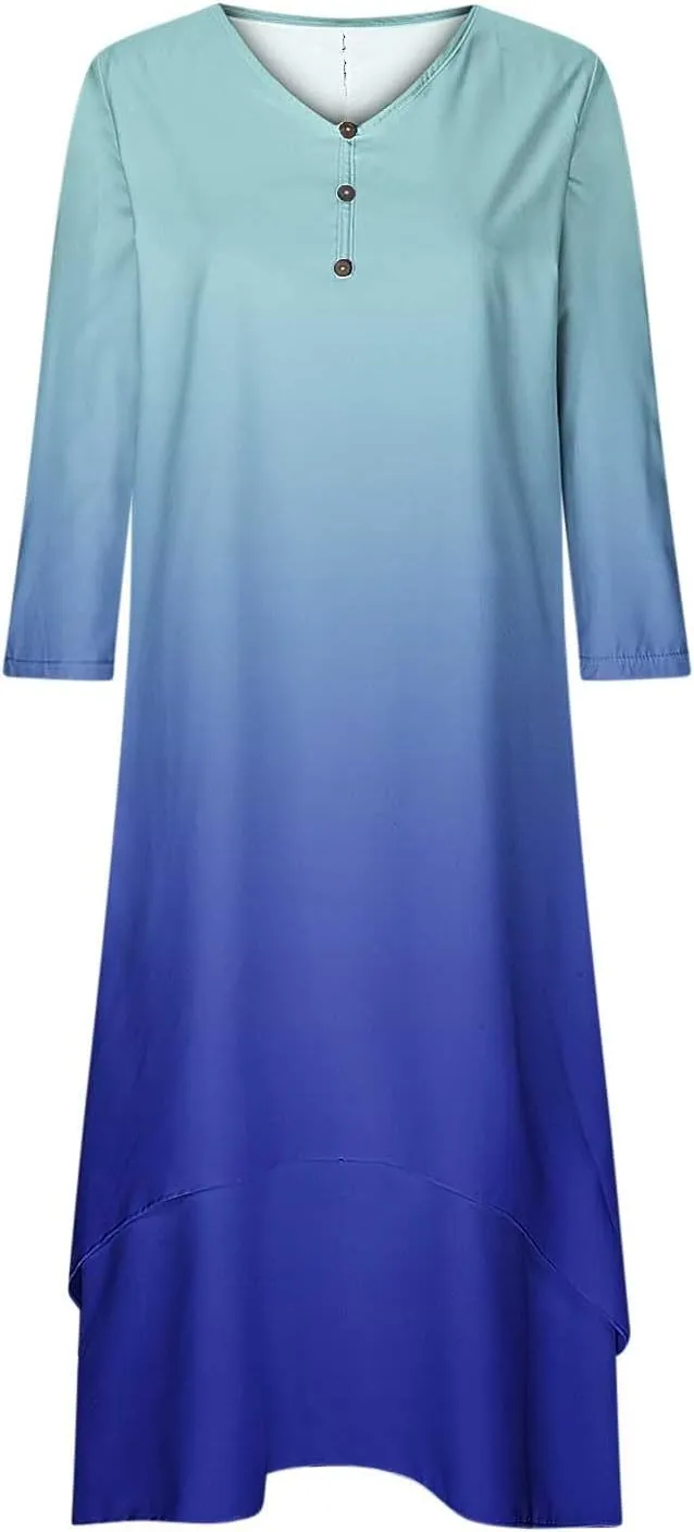 Maxi Dresses for Women Casual 2024 Button Down V-Neck Tiered Flowy Gradient Dress Long Sleeve Fall Comfy Long Dresses