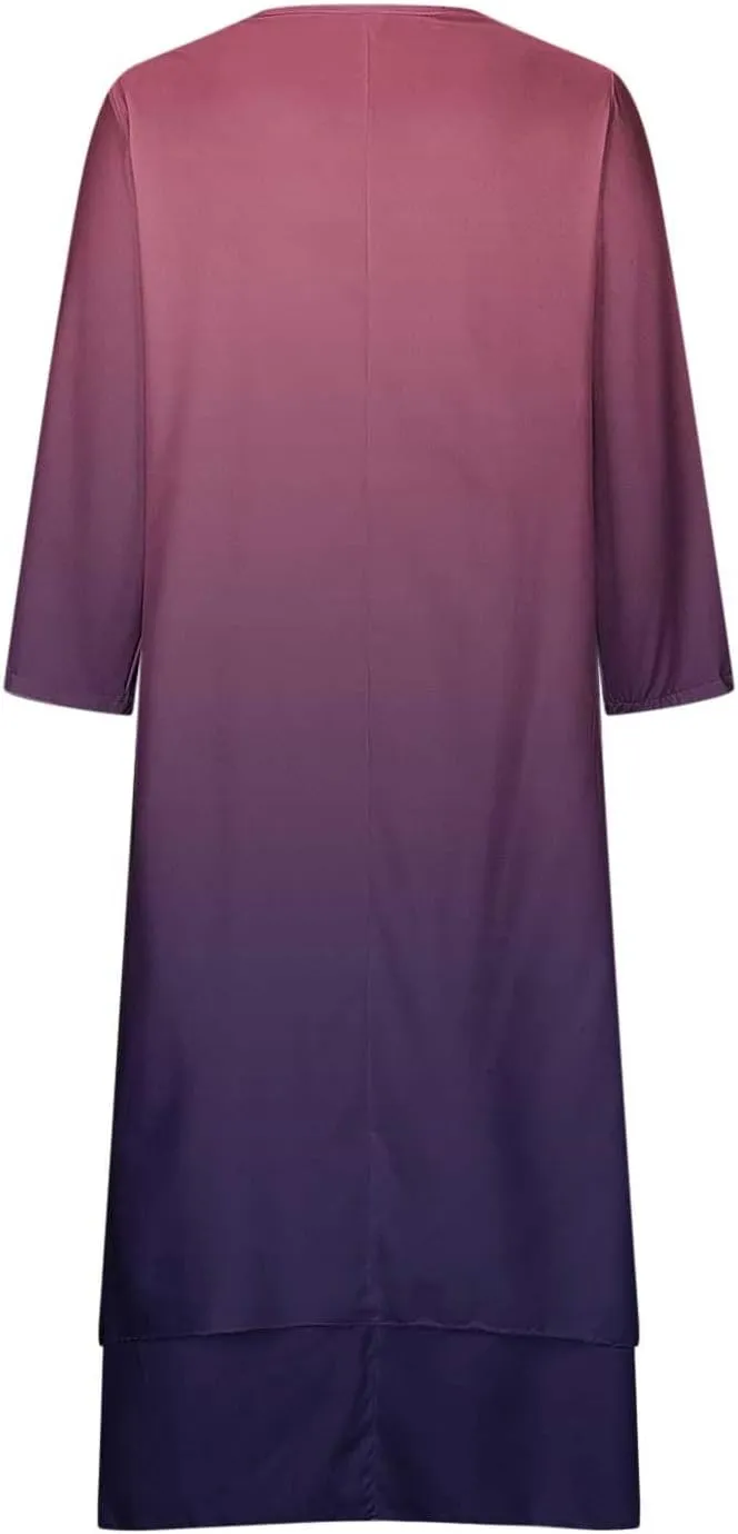 Maxi Dresses for Women Casual 2024 Button Down V-Neck Tiered Flowy Gradient Dress Long Sleeve Fall Comfy Long Dresses