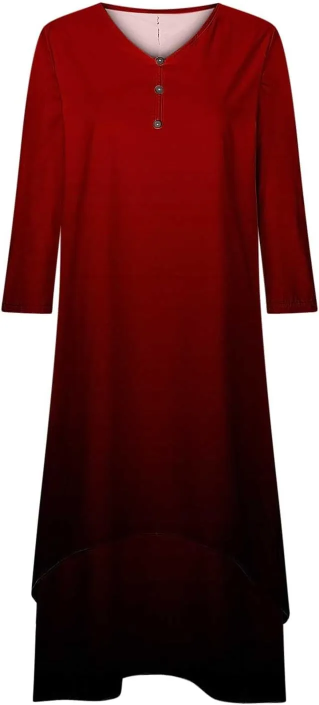Maxi Dresses for Women Casual 2024 Button Down V-Neck Tiered Flowy Gradient Dress Long Sleeve Fall Comfy Long Dresses