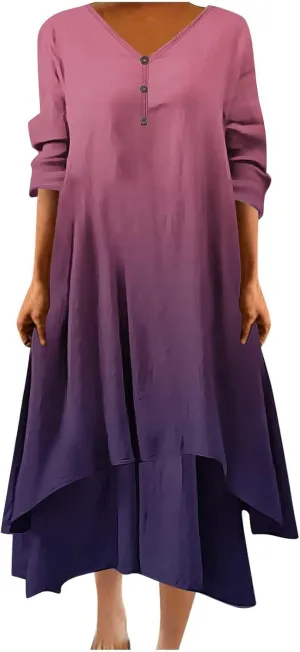 Maxi Dresses for Women Casual 2024 Button Down V-Neck Tiered Flowy Gradient Dress Long Sleeve Fall Comfy Long Dresses