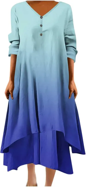 Maxi Dresses for Women Casual 2024 Button Down V-Neck Tiered Flowy Gradient Dress Long Sleeve Fall Comfy Long Dresses