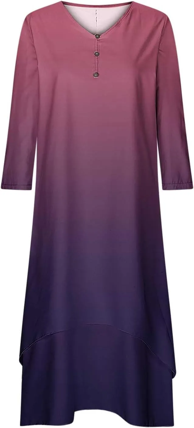 Maxi Dresses for Women Casual 2024 Button Down V-Neck Tiered Flowy Gradient Dress Long Sleeve Fall Comfy Long Dresses