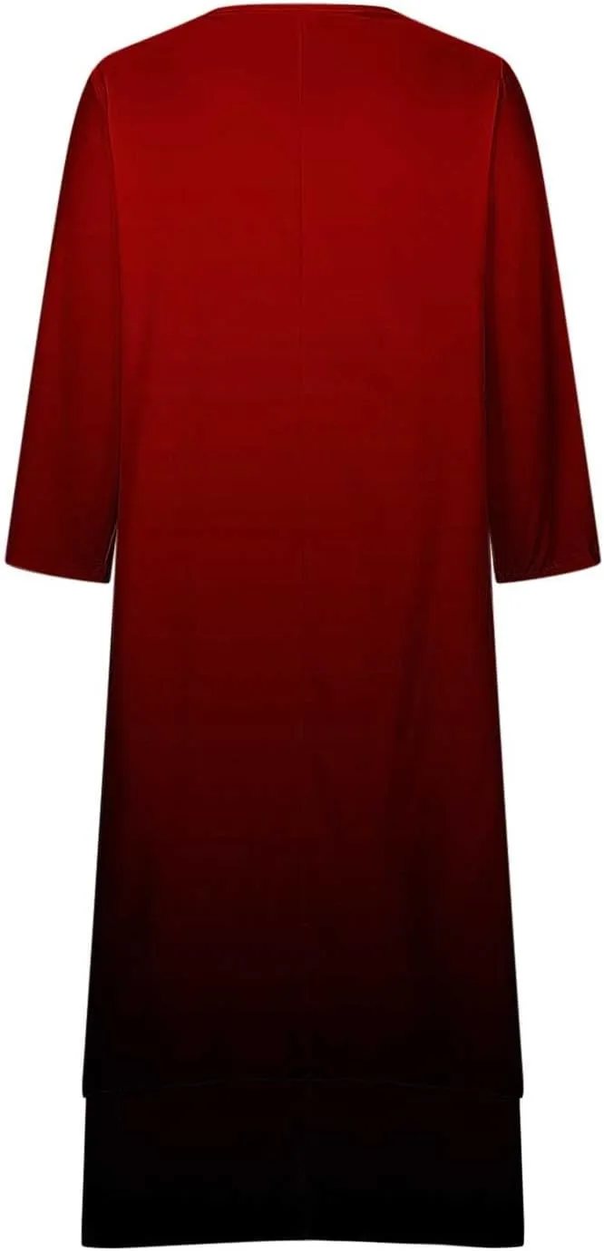Maxi Dresses for Women Casual 2024 Button Down V-Neck Tiered Flowy Gradient Dress Long Sleeve Fall Comfy Long Dresses