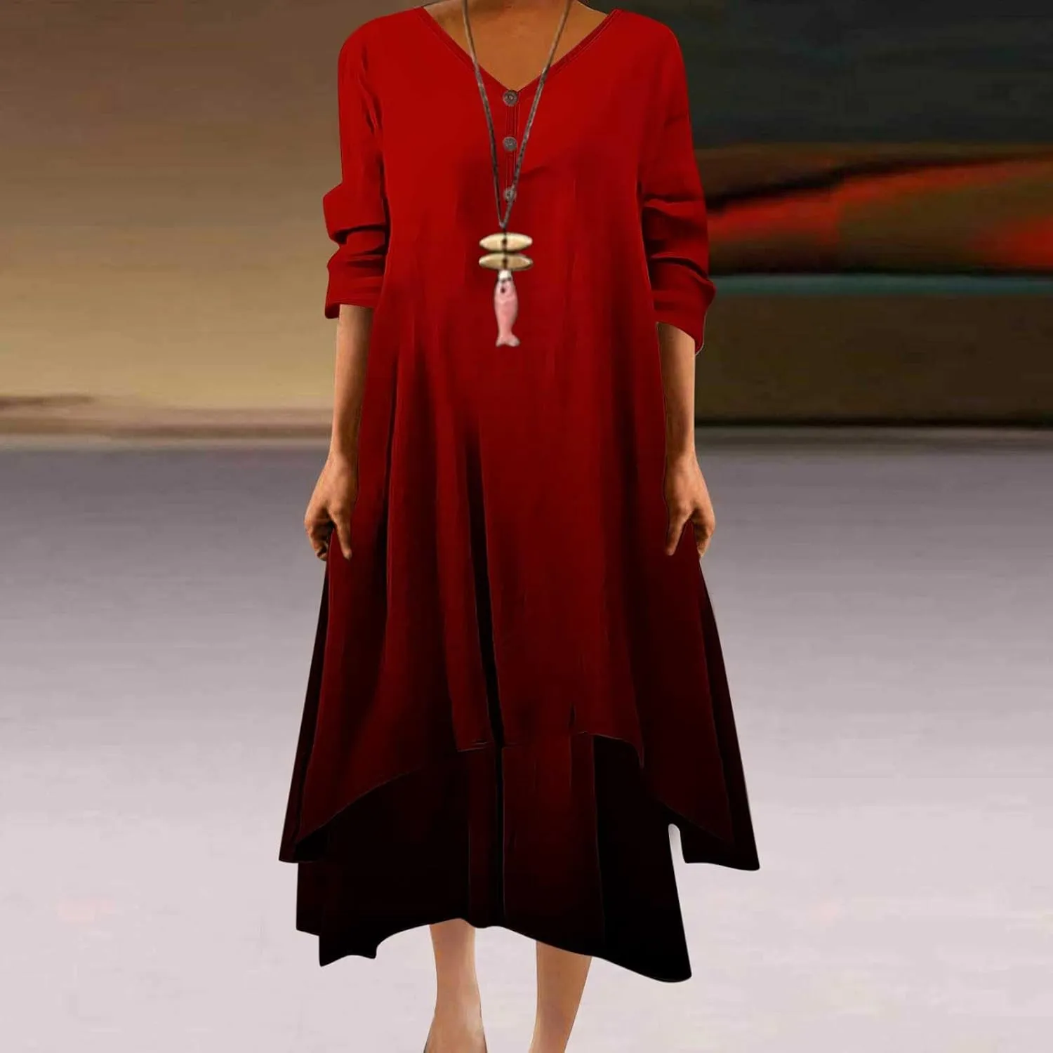 Maxi Dresses for Women Casual 2024 Button Down V-Neck Tiered Flowy Gradient Dress Long Sleeve Fall Comfy Long Dresses