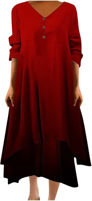 Maxi Dresses for Women Casual 2024 Button Down V-Neck Tiered Flowy Gradient Dress Long Sleeve Fall Comfy Long Dresses