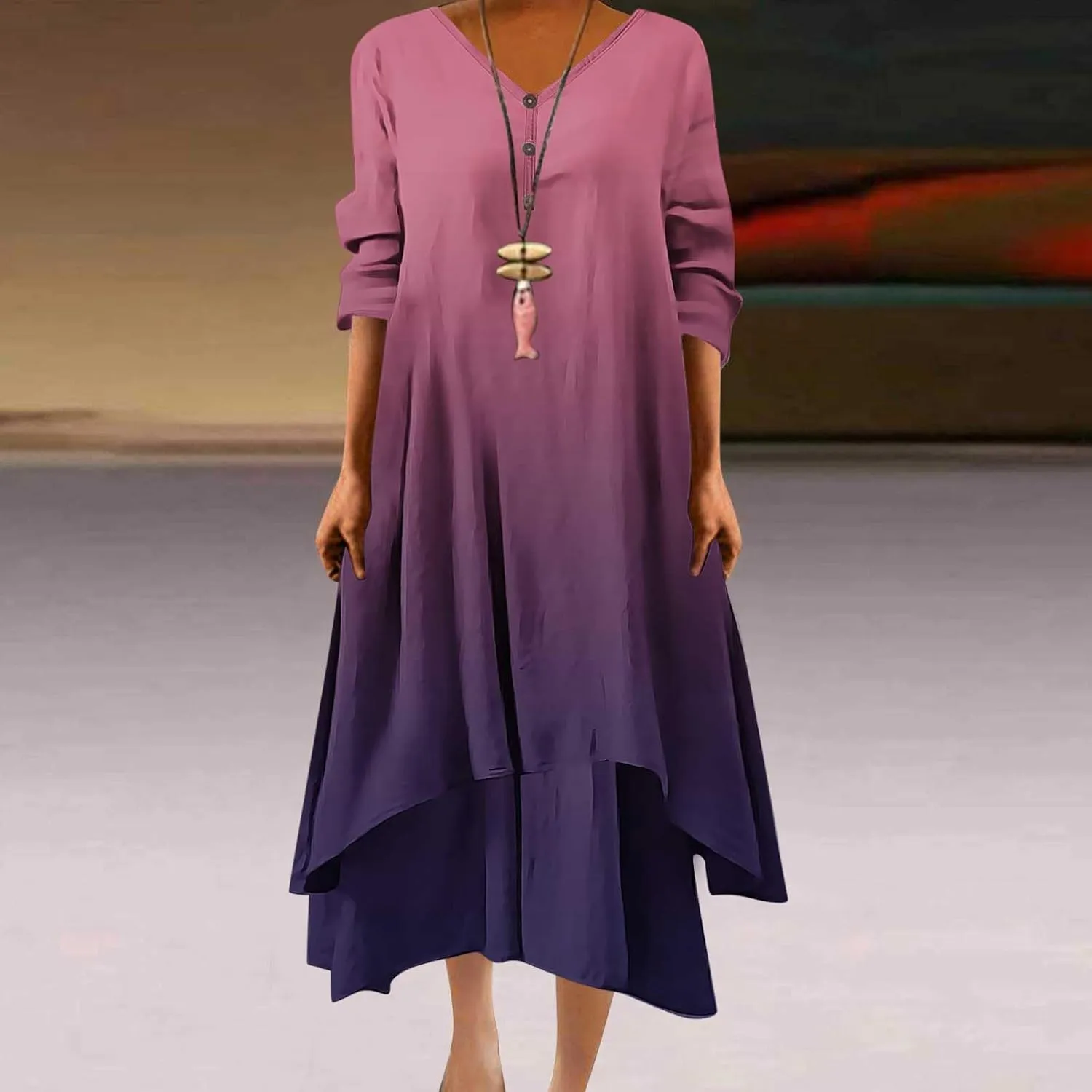 Maxi Dresses for Women Casual 2024 Button Down V-Neck Tiered Flowy Gradient Dress Long Sleeve Fall Comfy Long Dresses