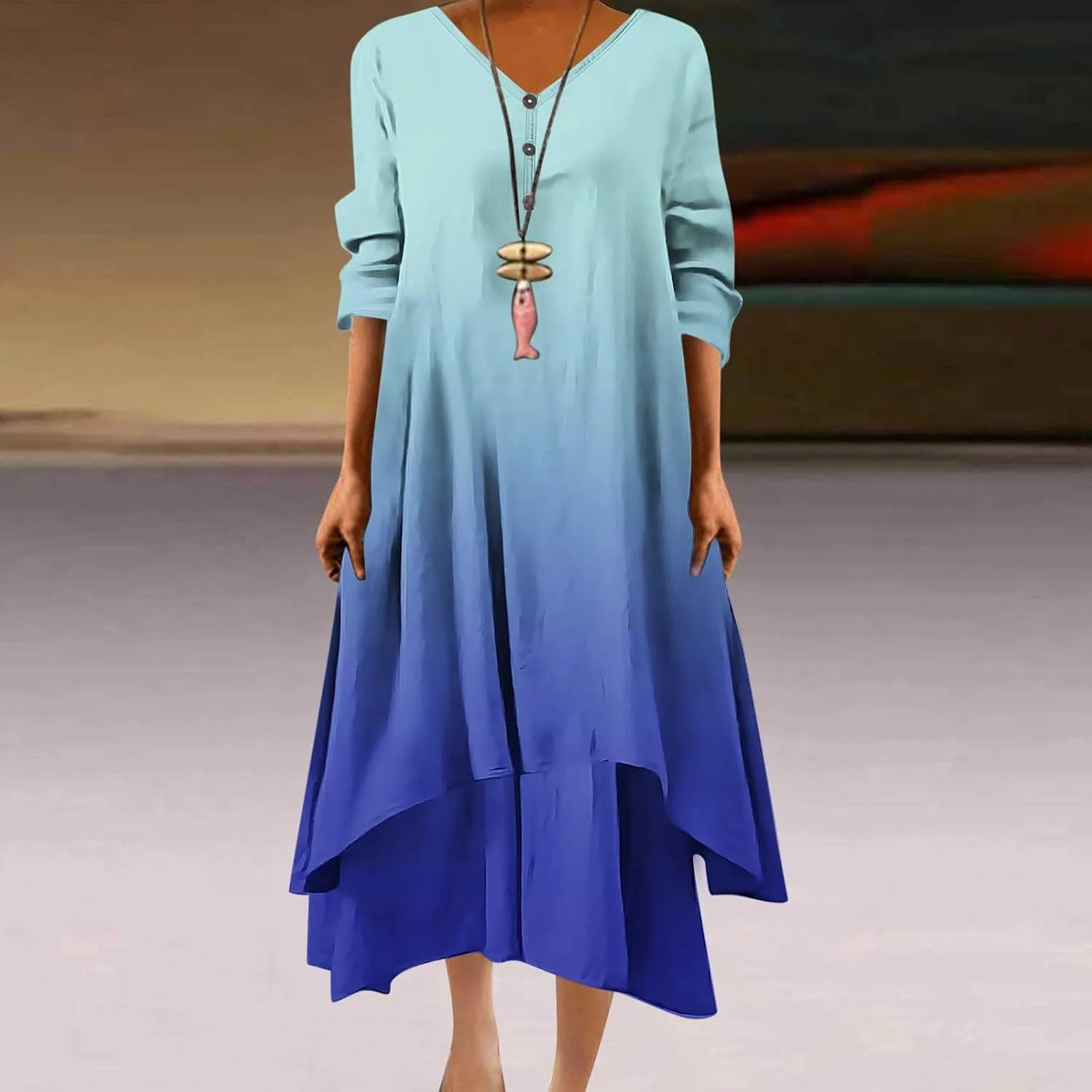 Maxi Dresses for Women Casual 2024 Button Down V-Neck Tiered Flowy Gradient Dress Long Sleeve Fall Comfy Long Dresses
