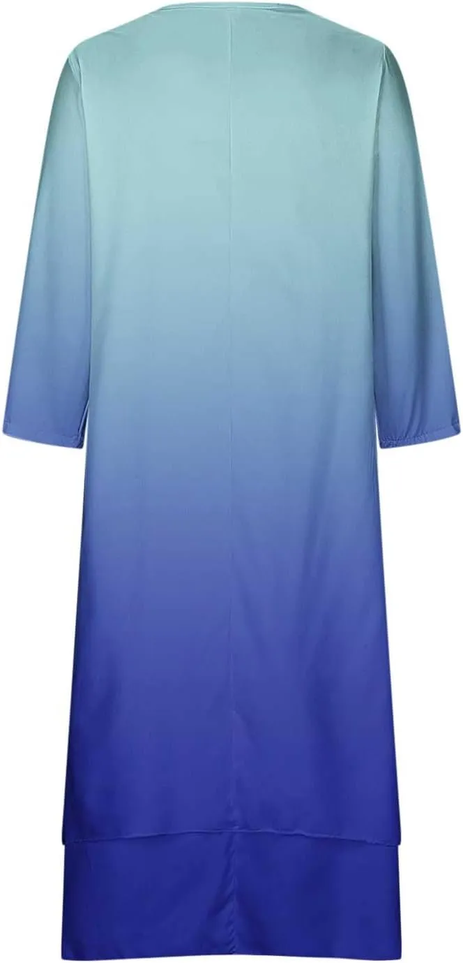 Maxi Dresses for Women Casual 2024 Button Down V-Neck Tiered Flowy Gradient Dress Long Sleeve Fall Comfy Long Dresses