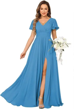 MCieloLuna Women Flowy Chiffon Bridesmaids Dresses Ruffle Sleeve Pleated Wedding Party Formal Long Dresses with Slit