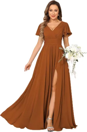 MCieloLuna Women Flowy Chiffon Bridesmaids Dresses Ruffle Sleeve Pleated Wedding Party Formal Long Dresses with Slit