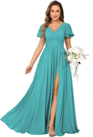 MCieloLuna Women Flowy Chiffon Bridesmaids Dresses Ruffle Sleeve Pleated Wedding Party Formal Long Dresses with Slit