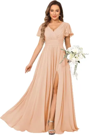 MCieloLuna Women Flowy Chiffon Bridesmaids Dresses Ruffle Sleeve Pleated Wedding Party Formal Long Dresses with Slit