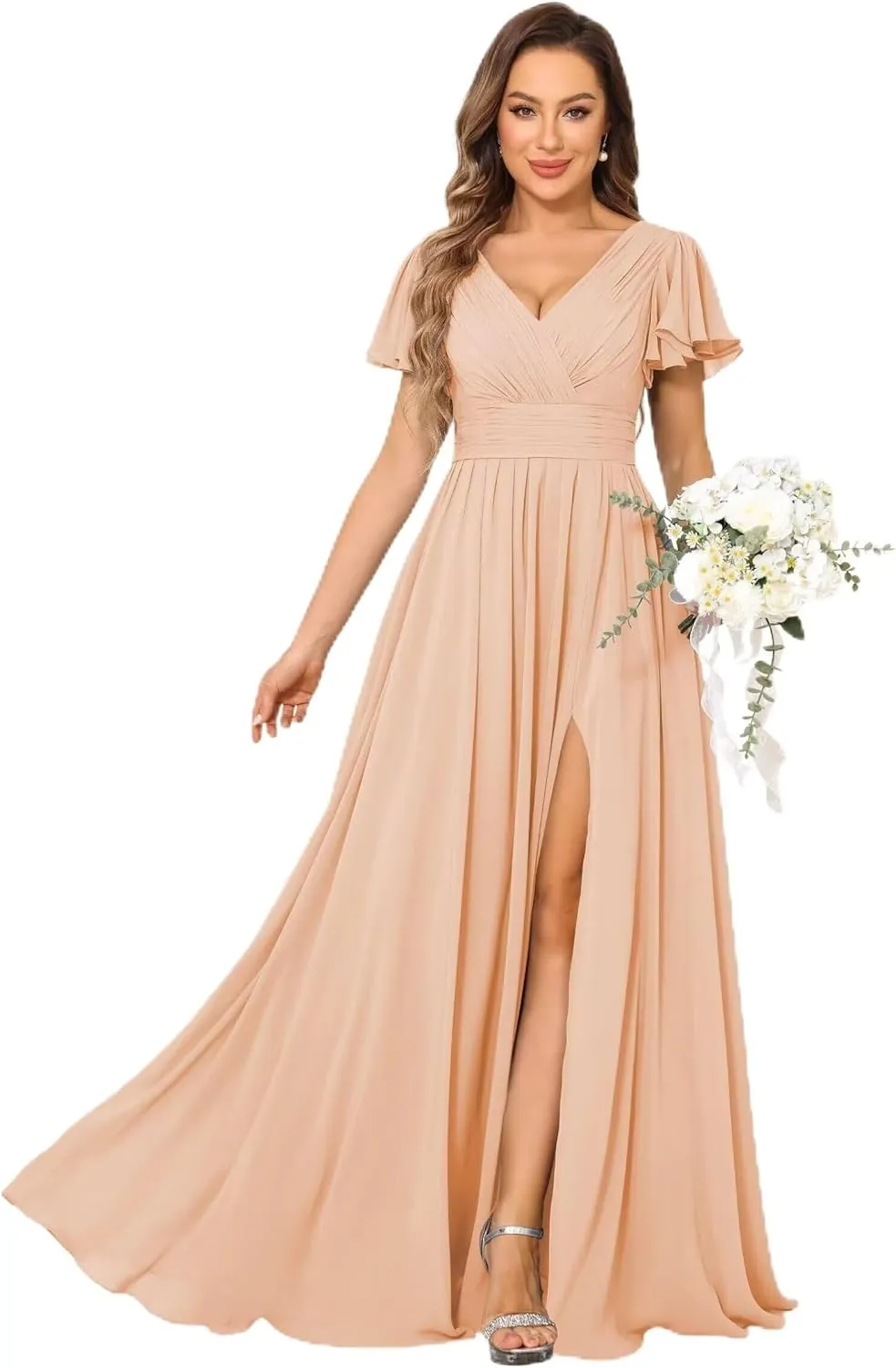 MCieloLuna Women Flowy Chiffon Bridesmaids Dresses Ruffle Sleeve Pleated Wedding Party Formal Long Dresses with Slit
