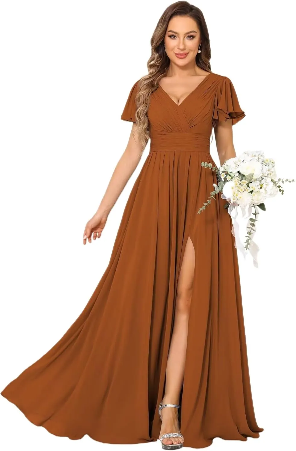 MCieloLuna Women Flowy Chiffon Bridesmaids Dresses Ruffle Sleeve Pleated Wedding Party Formal Long Dresses with Slit