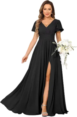 MCieloLuna Women Flowy Chiffon Bridesmaids Dresses Ruffle Sleeve Pleated Wedding Party Formal Long Dresses with Slit