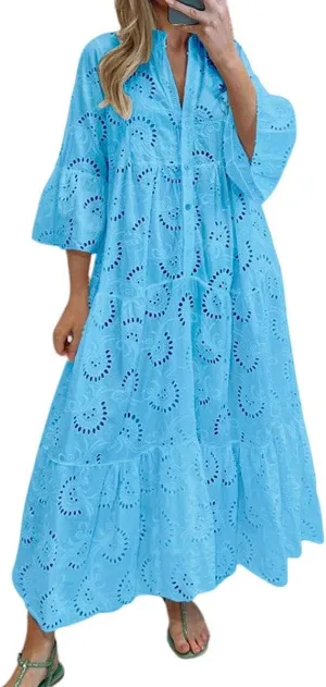 Melliflo Lace Embroidery Maxi Dress for Women V Neck Puff Sleeve Hollow Out Long Dress Boho Flowy Swing Beach Sundress