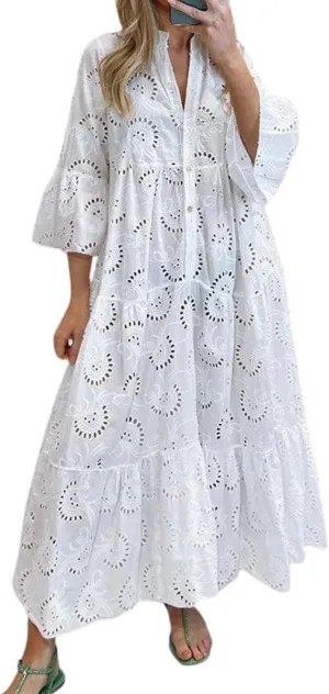 Melliflo Lace Embroidery Maxi Dress for Women V Neck Puff Sleeve Hollow Out Long Dress Boho Flowy Swing Beach Sundress
