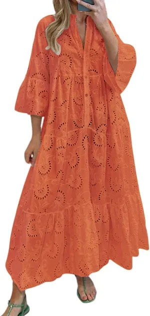 Melliflo Lace Embroidery Maxi Dress for Women V Neck Puff Sleeve Hollow Out Long Dress Boho Flowy Swing Beach Sundress