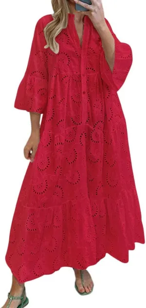 Melliflo Lace Embroidery Maxi Dress for Women V Neck Puff Sleeve Hollow Out Long Dress Boho Flowy Swing Beach Sundress