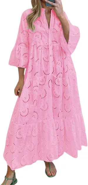 Melliflo Lace Embroidery Maxi Dress for Women V Neck Puff Sleeve Hollow Out Long Dress Boho Flowy Swing Beach Sundress
