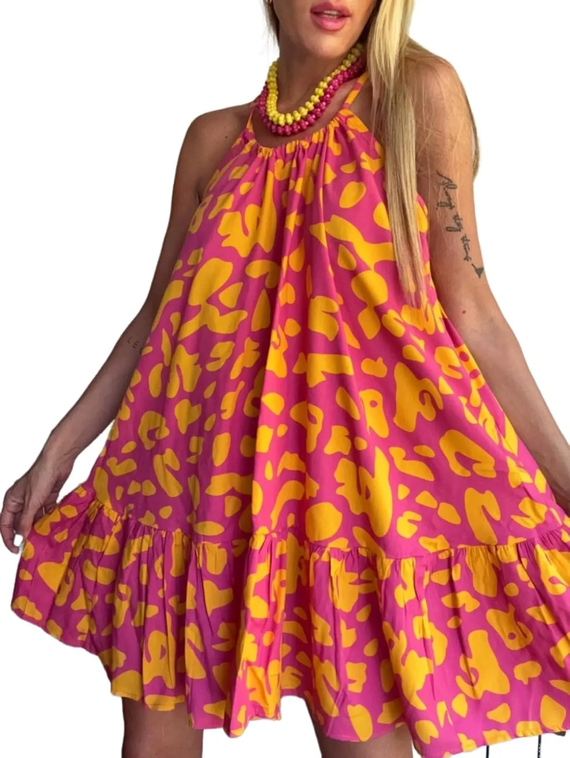 Melliflo Women Leopard Print Mini Dresses Ruffle Sleeveless Lace Up Halter Sun Dresses Casual Summer Dress 2025