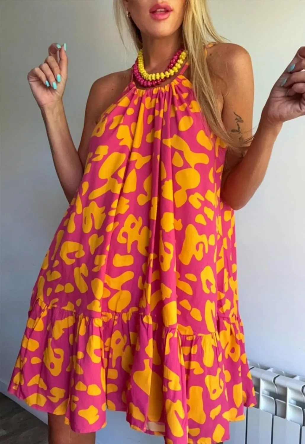Melliflo Women Leopard Print Mini Dresses Ruffle Sleeveless Lace Up Halter Sun Dresses Casual Summer Dress 2025