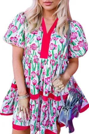 Melliflo Womens Floral Mini Dress Contrast Trim V Neck Bubble Short Sleeve Summer Cute Ruffle Babydoll Dress