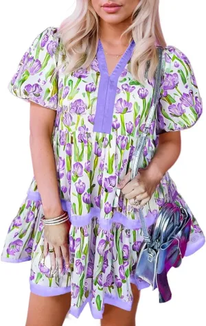 Melliflo Womens Floral Mini Dress Contrast Trim V Neck Bubble Short Sleeve Summer Cute Ruffle Babydoll Dress