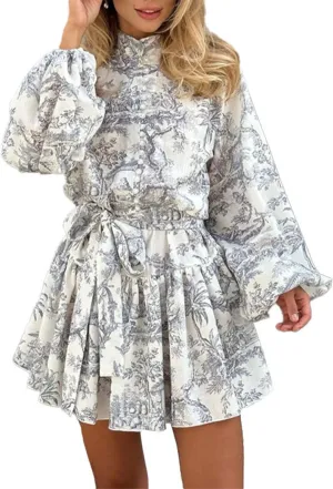 Melliflo Women's Long Puff Sleeve Turtleneck Printed Mini Dress Button Waist Tie Pleated Ruffles Retro Vintage Dress