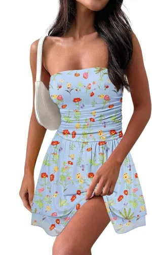 MEROKEETY Women's Summer Floral Strapless Tube Dress Boho Off Shoulder Ruffle Tiered Mini Sundress