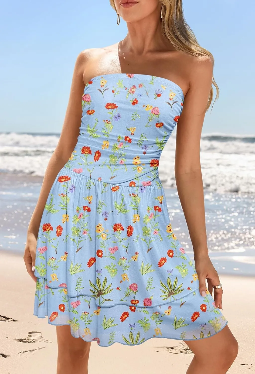 MEROKEETY Women's Summer Floral Strapless Tube Dress Boho Off Shoulder Ruffle Tiered Mini Sundress