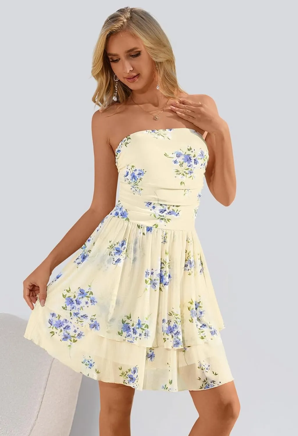 MEROKEETY Women's Summer Floral Strapless Tube Dress Boho Off Shoulder Ruffle Tiered Mini Sundress