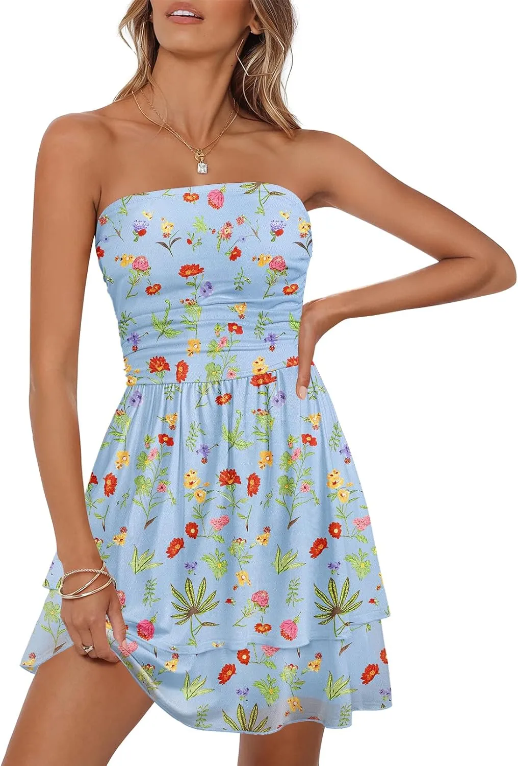 MEROKEETY Women's Summer Floral Strapless Tube Dress Boho Off Shoulder Ruffle Tiered Mini Sundress