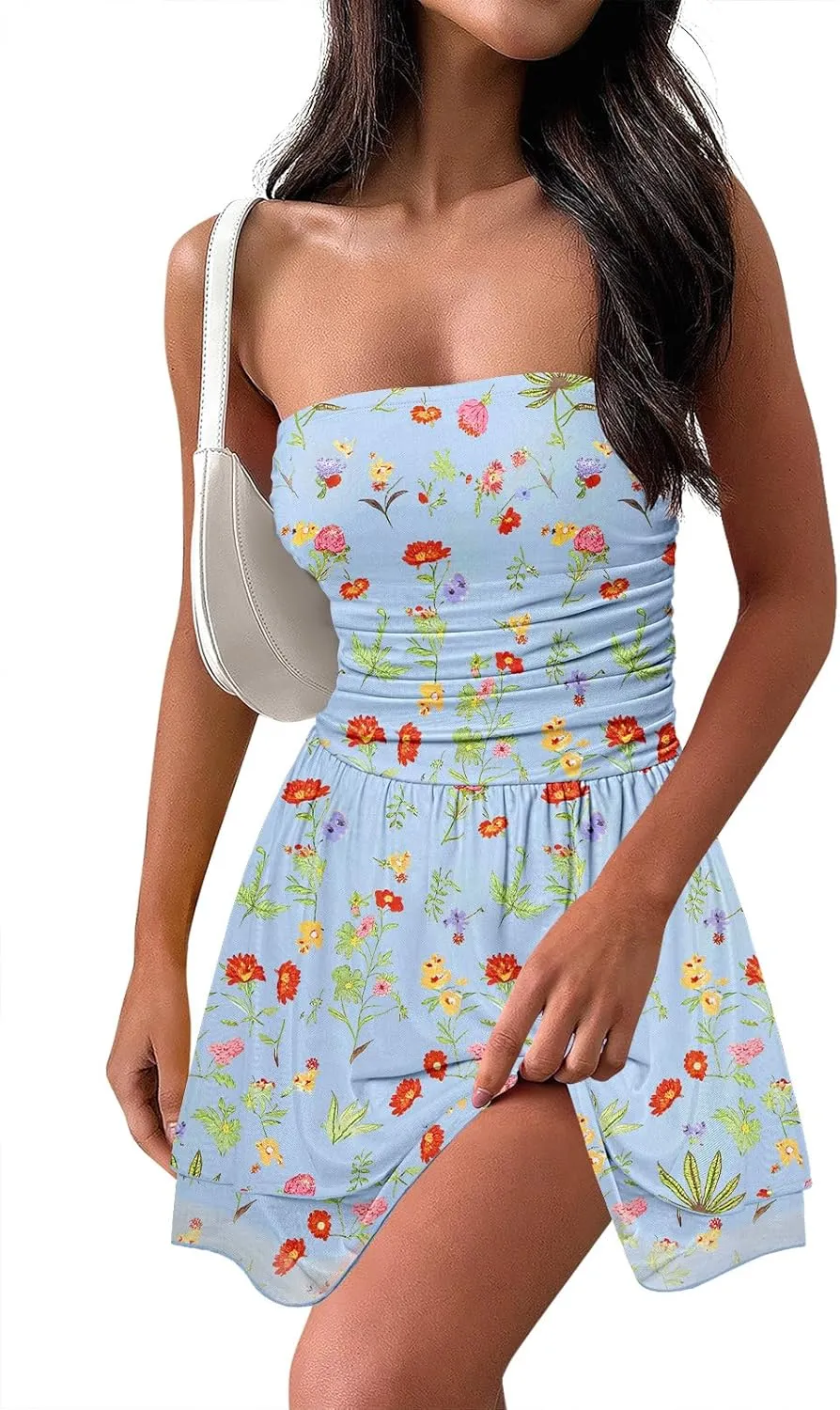 MEROKEETY Women's Summer Floral Strapless Tube Dress Boho Off Shoulder Ruffle Tiered Mini Sundress