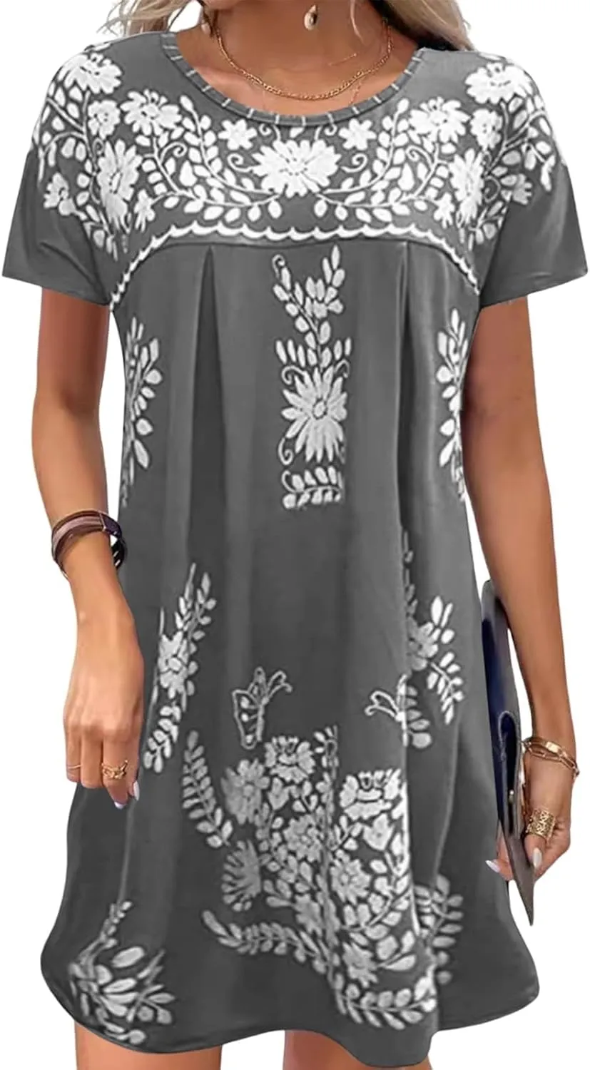 Mexican Dress for Women Floral Embroidered Linen Short Sleeve Dress Fiesta Peasant Casual Loose Dresses