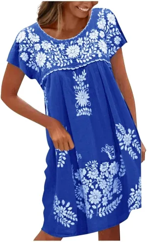 Mexican Dress for Women Floral Embroidered Linen Short Sleeve Dress Fiesta Peasant Casual Loose Dresses