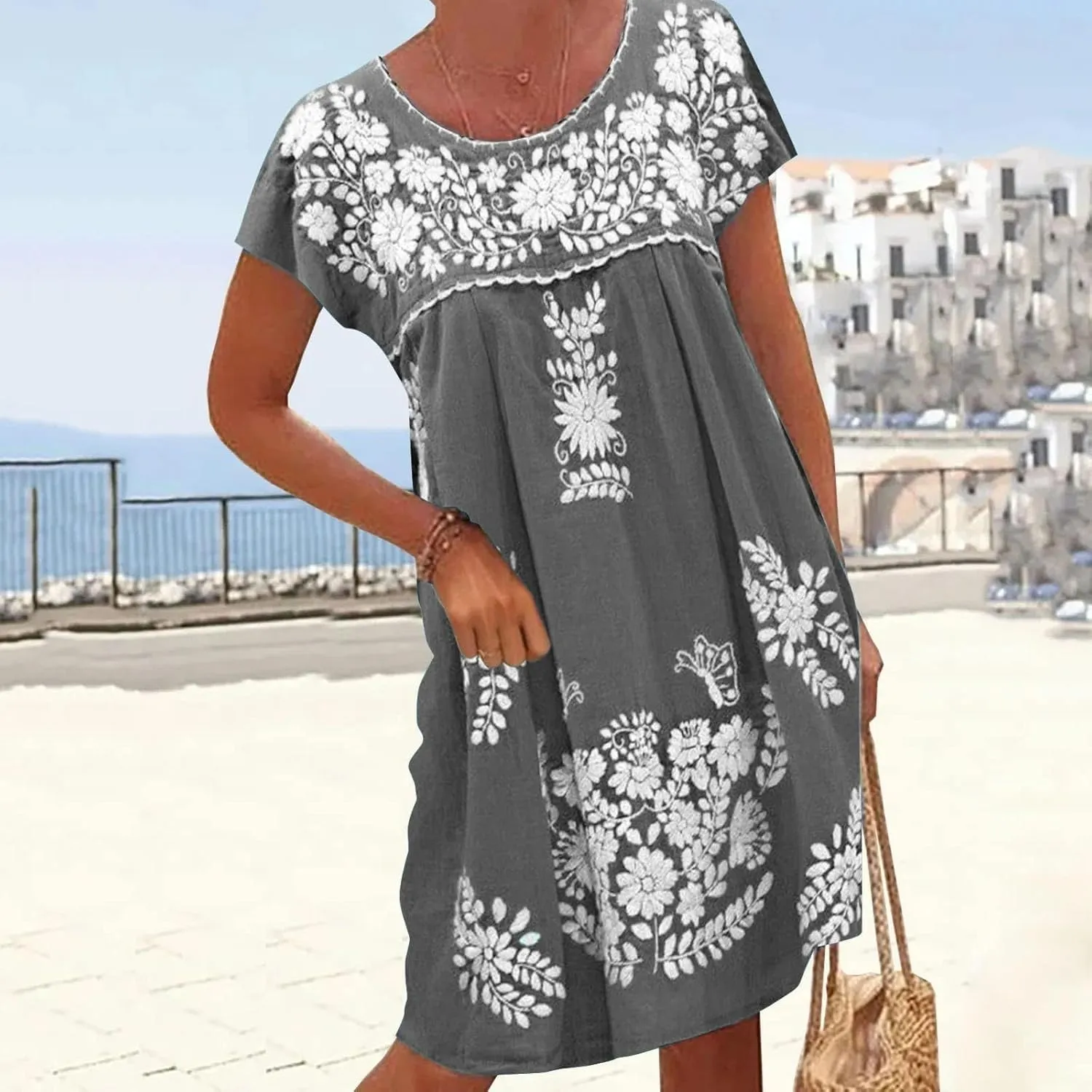 Mexican Dress for Women Floral Embroidered Linen Short Sleeve Dress Fiesta Peasant Casual Loose Dresses
