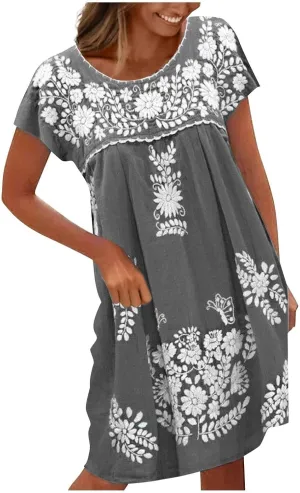 Mexican Dress for Women Floral Embroidered Linen Short Sleeve Dress Fiesta Peasant Casual Loose Dresses