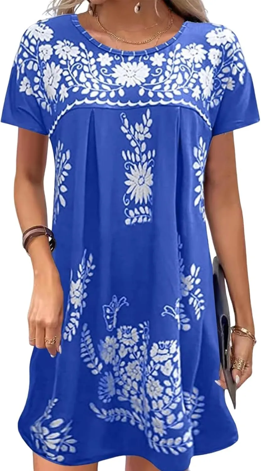 Mexican Dress for Women Floral Embroidered Linen Short Sleeve Dress Fiesta Peasant Casual Loose Dresses