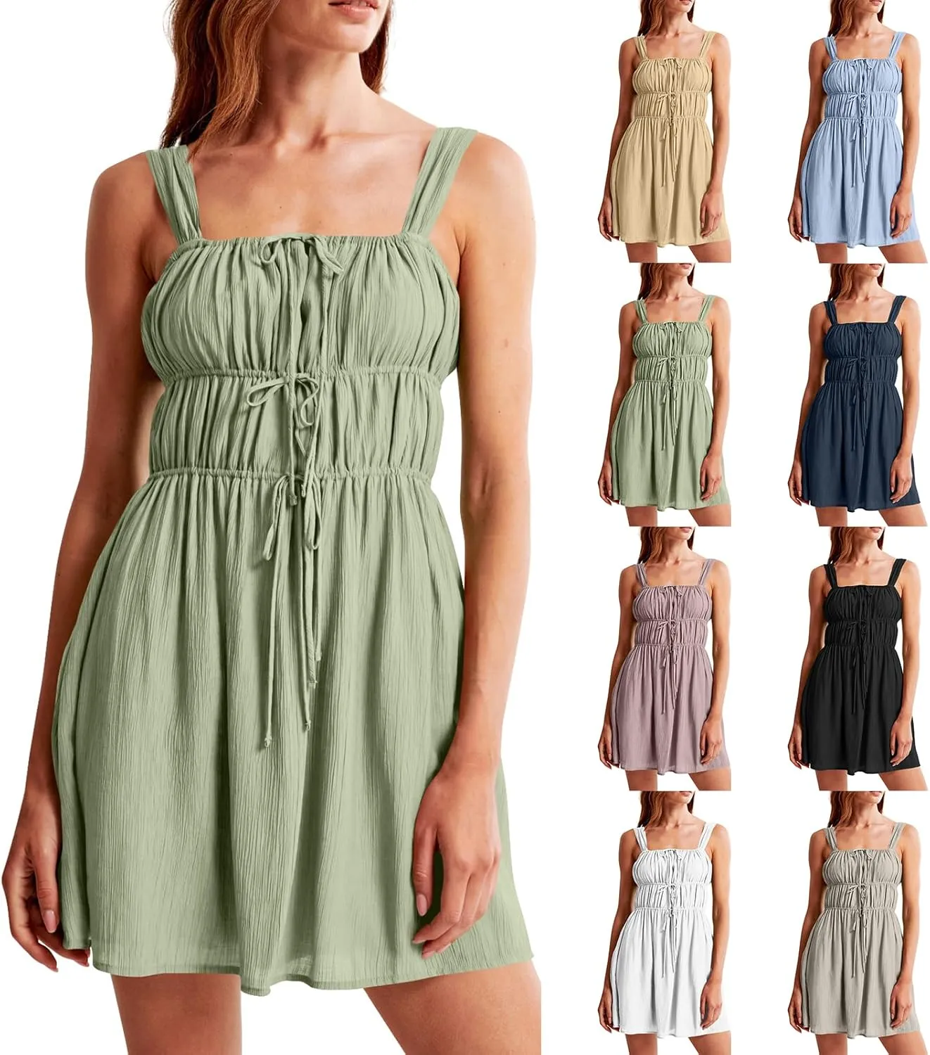 midelxp Women's Sleeveless Mini Dress Sexy Square Neck Milkmaid Sundress with Front Tie Cute Smocked Tiered Flowy Cami Dress