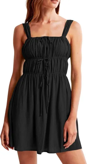 midelxp Women's Sleeveless Mini Dress Sexy Square Neck Milkmaid Sundress with Front Tie Cute Smocked Tiered Flowy Cami Dress