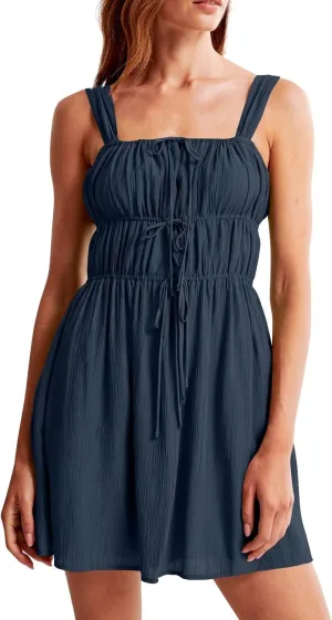 midelxp Women's Sleeveless Mini Dress Sexy Square Neck Milkmaid Sundress with Front Tie Cute Smocked Tiered Flowy Cami Dress