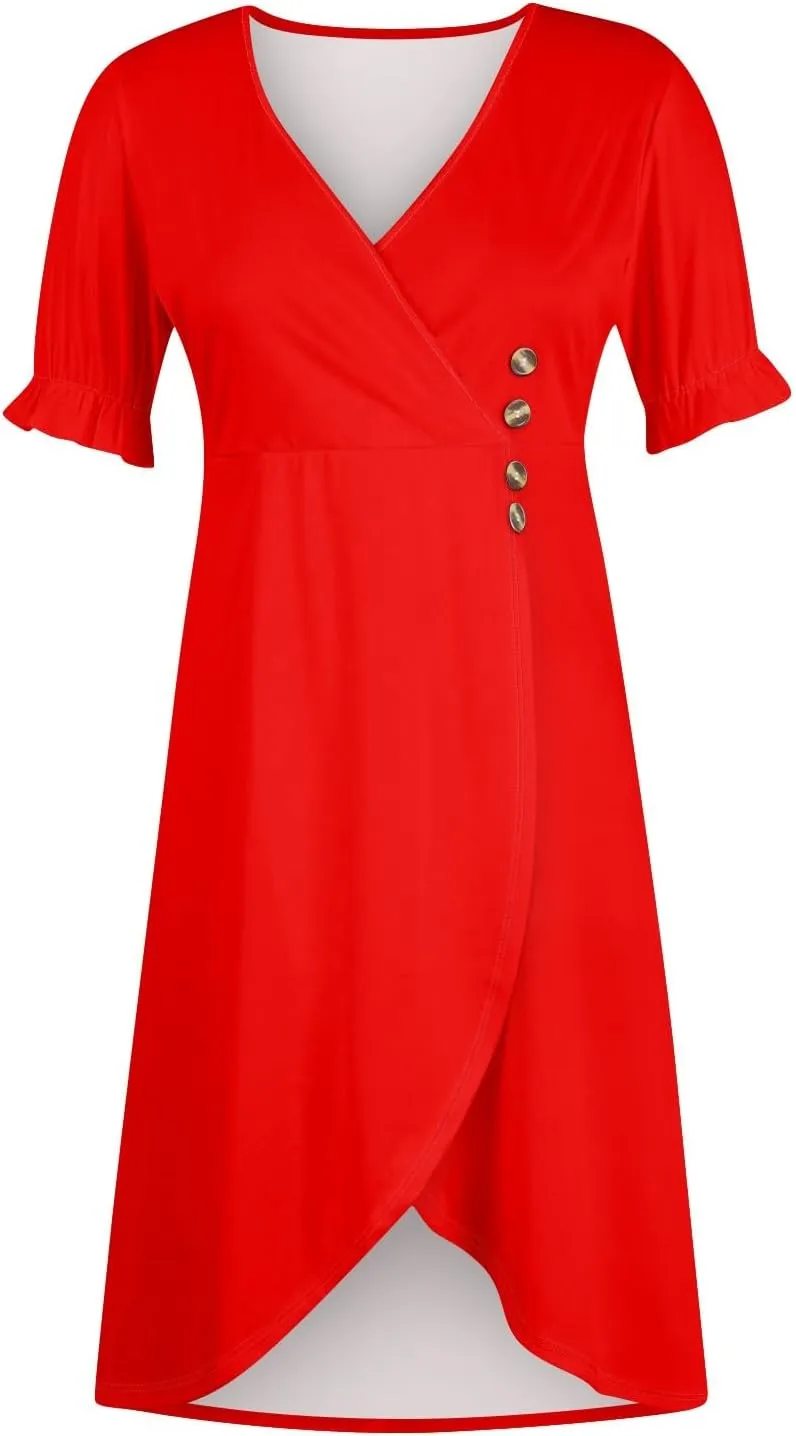 Midi Dresses for Women Casual Trendy Wrap Dress Elegant Party Sundress V Neck Sundresses Beach Vacation Puff Sleeve