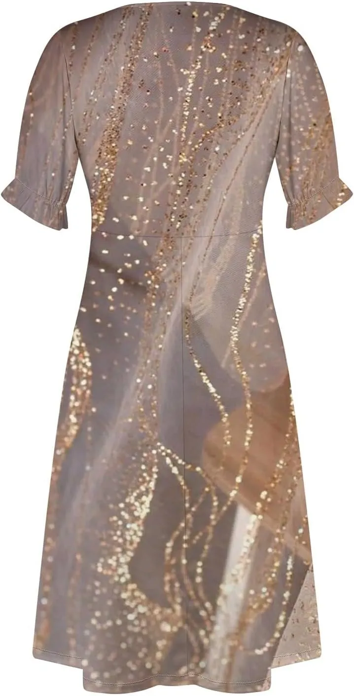 Midi Dresses for Women Casual Trendy Wrap Dress Elegant Party Sundress V Neck Sundresses Beach Vacation Puff Sleeve