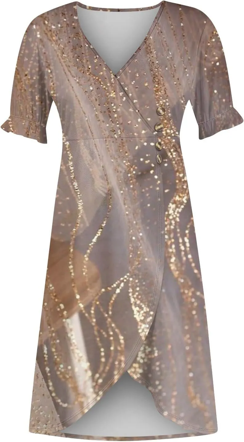 Midi Dresses for Women Casual Trendy Wrap Dress Elegant Party Sundress V Neck Sundresses Beach Vacation Puff Sleeve