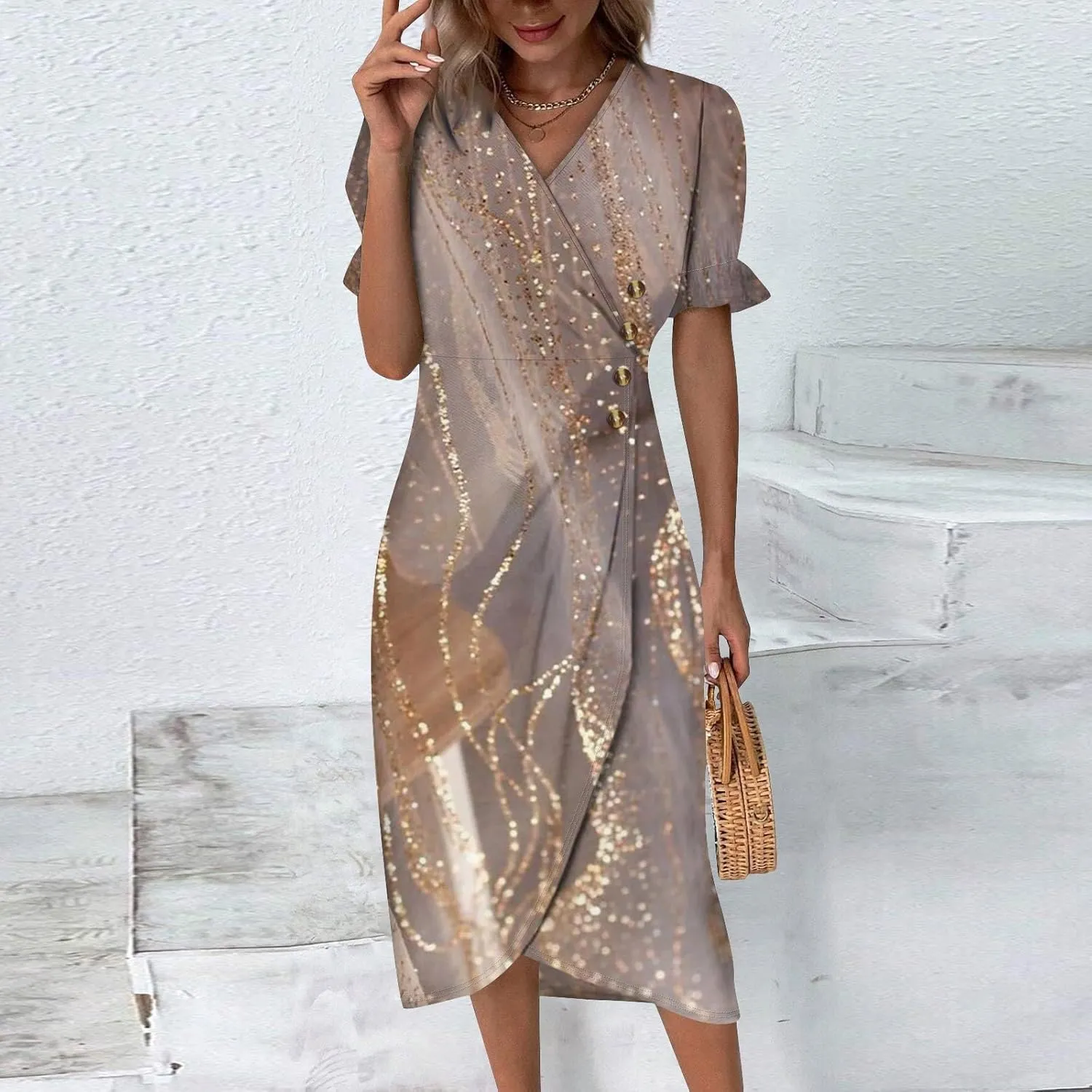 Midi Dresses for Women Casual Trendy Wrap Dress Elegant Party Sundress V Neck Sundresses Beach Vacation Puff Sleeve